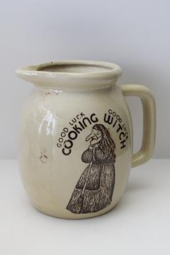 catalog photo of Good Luck kitchen witch print stoneware pottery pitcher, 1980s vintage 