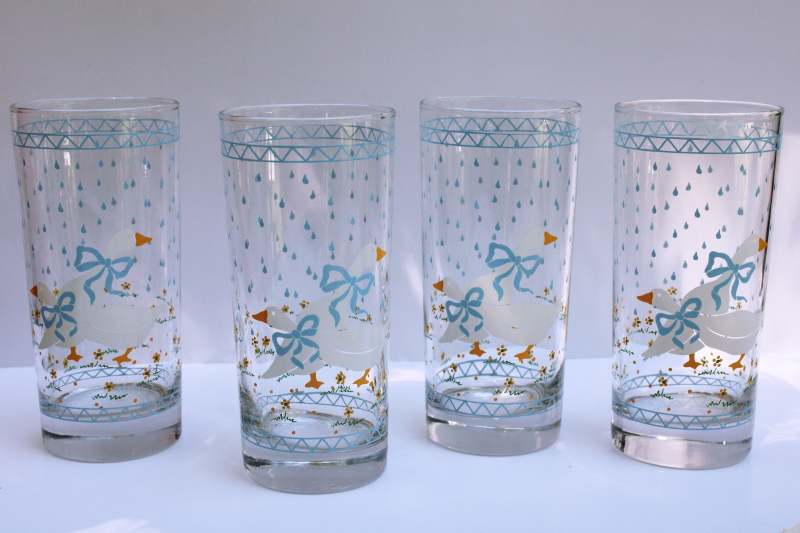 photo of Goose w/ bow print drinking glasses, 80s vintage Anchor Hocking Farm Country blue print w/ white geese  #1