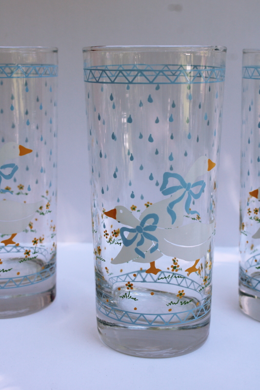 photo of Goose w/ bow print drinking glasses, 80s vintage Anchor Hocking Farm Country blue print w/ white geese  #2