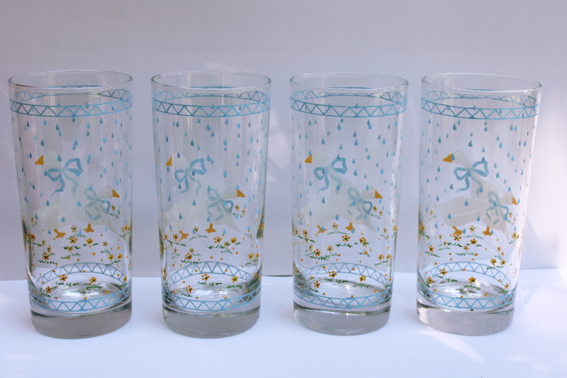 photo of Goose w/ bow print drinking glasses, 80s vintage Anchor Hocking Farm Country blue print w/ white geese  #3