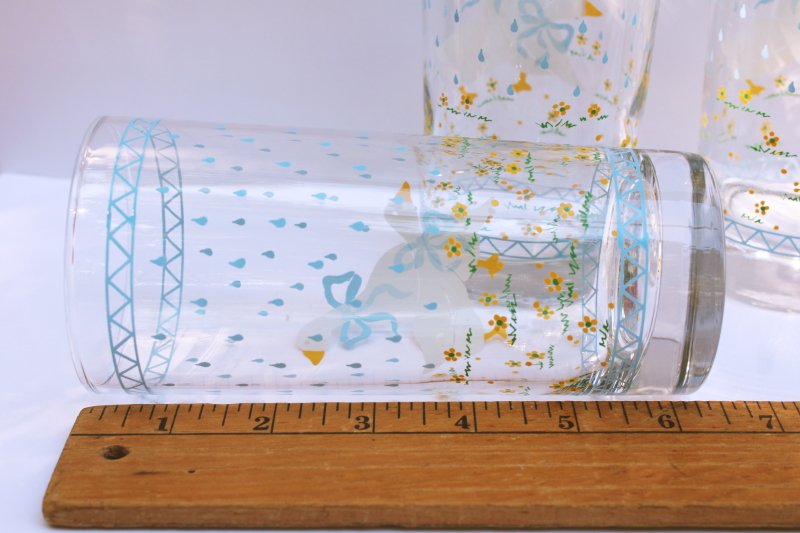 photo of Goose w/ bow print drinking glasses, 80s vintage Anchor Hocking Farm Country blue print w/ white geese  #4