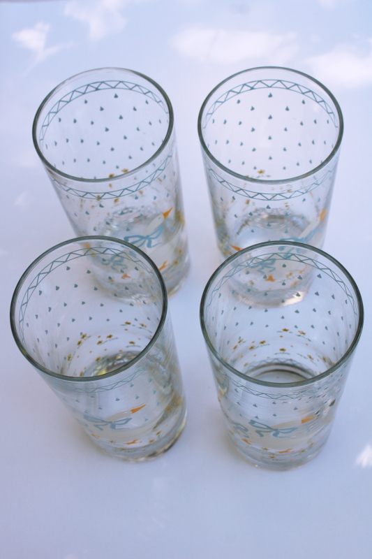 photo of Goose w/ bow print drinking glasses, 80s vintage Anchor Hocking Farm Country blue print w/ white geese  #6