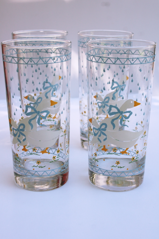 photo of Goose w/ bow print drinking glasses, 80s vintage Anchor Hocking Farm Country blue print w/ white geese  #7