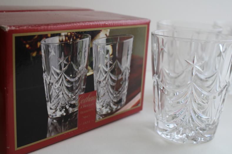 photo of Gorham crystal lowball glasses, Christmas tree Tannenbaum mint in box tumblers set #3