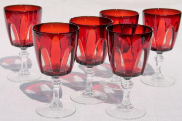 catalog photo of Gothic pattern ruby red cut to clear wine glasses water goblets Cristal d'Arques France