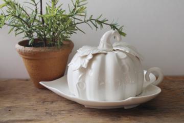 catalog photo of Grace's Teaware pure white china pumpkin, covered butter dish, leaf plate w/ dome cover 