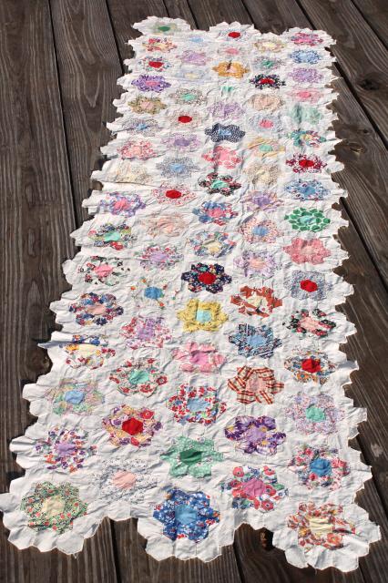 photo of Grandma's flower garden patchwork quilt top table runner, vintage cotton print fabrics #1