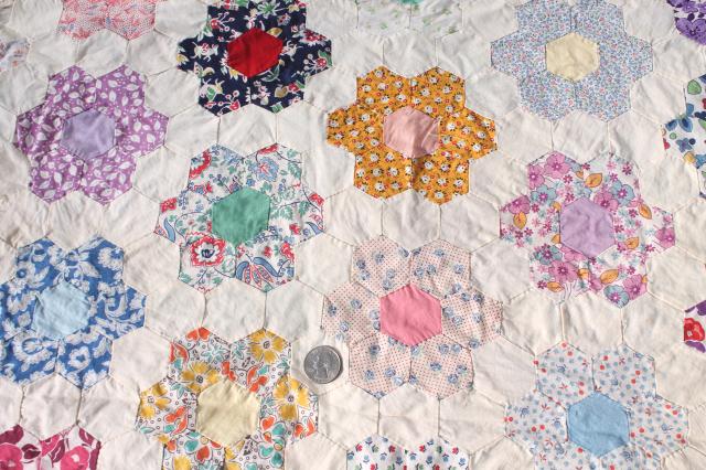 photo of Grandma's flower garden patchwork quilt top table runner, vintage cotton print fabrics #3