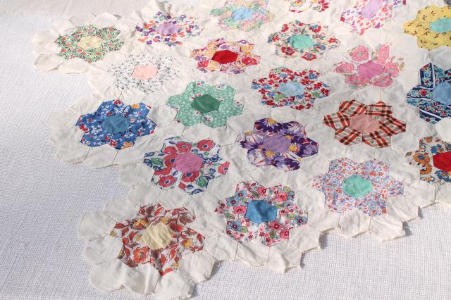 photo of Grandma's flower garden patchwork quilt top table runner, vintage cotton print fabrics #8