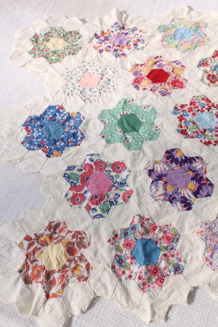 photo of Grandma's flower garden patchwork quilt top table runner, vintage cotton print fabrics #9