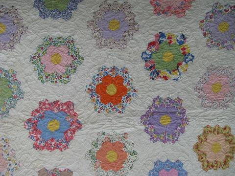 photo of Grandma's flower garden pattern antique vintage patchwork quilt, old cotton prints #2