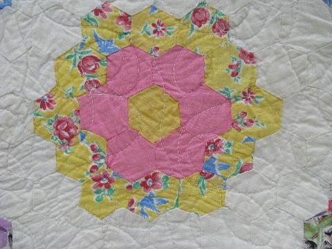 photo of Grandma's flower garden pattern antique vintage patchwork quilt, old cotton prints #7