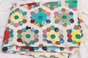 catalog photo of Grandma's flower garden quilt top, vintage cotton prints pieced patchwork, hand-stitched