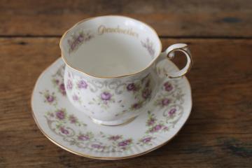 catalog photo of Grandmother vintage tea cup & saucer Rosina Queen's fine bone china tiny lavender flowers w/ gold 