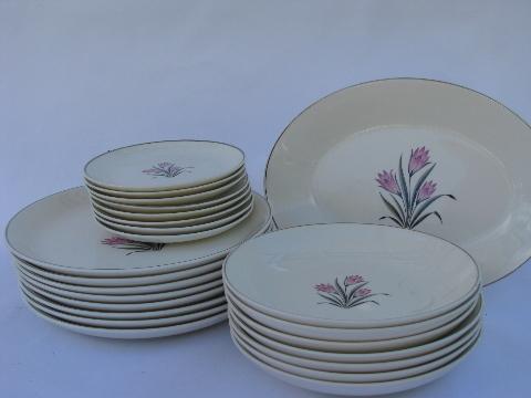 photo of GrantCrest pink crocus pattern china, vintage pottery lot dinner plates, soup bowls #1