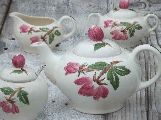 photo of Green Arbor Continental Kilns vintage pottery tea pot cream sugar jam set #1