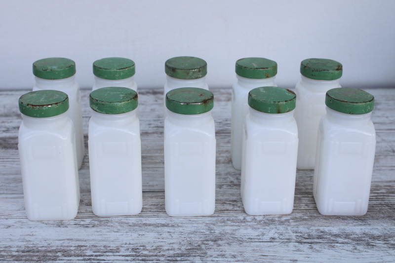 photo of Griffiths milk glass spice jars set w/ shabby jadite green metal lids, 1930s vintage kitchenware #1