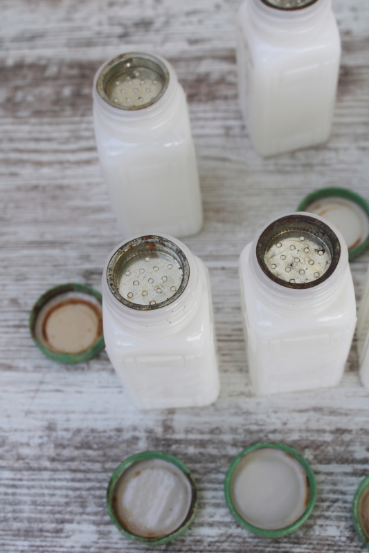 photo of Griffiths milk glass spice jars set w/ shabby jadite green metal lids, 1930s vintage kitchenware  #2
