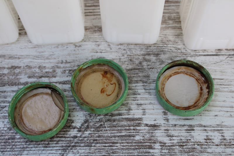 photo of Griffiths milk glass spice jars set w/ shabby jadite green metal lids, 1930s vintage kitchenware  #3