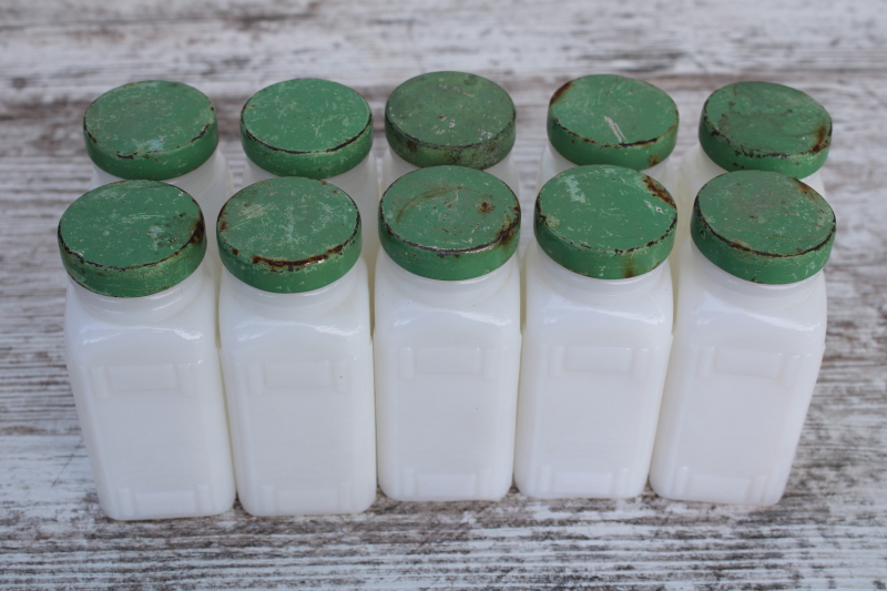 photo of Griffiths milk glass spice jars set w/ shabby jadite green metal lids, 1930s vintage kitchenware  #4