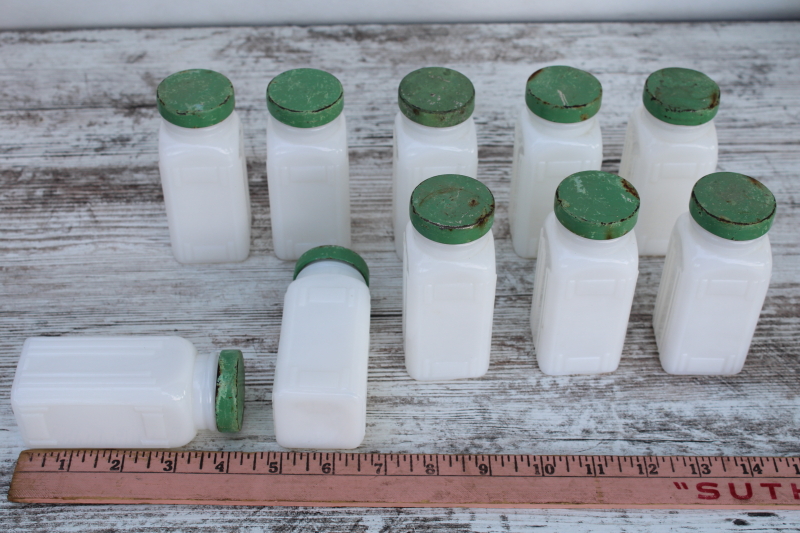 photo of Griffiths milk glass spice jars set w/ shabby jadite green metal lids, 1930s vintage kitchenware  #5