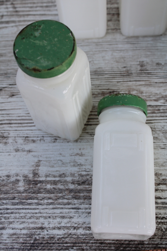 photo of Griffiths milk glass spice jars set w/ shabby jadite green metal lids, 1930s vintage kitchenware  #6