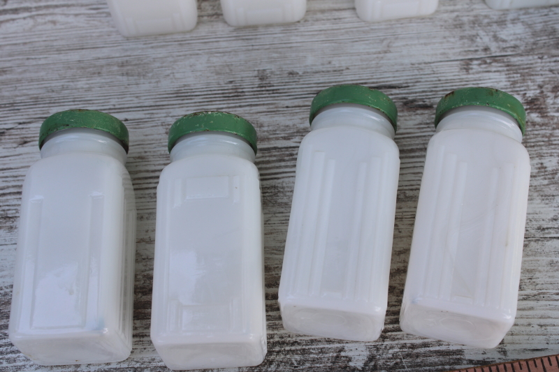 photo of Griffiths milk glass spice jars set w/ shabby jadite green metal lids, 1930s vintage kitchenware  #7