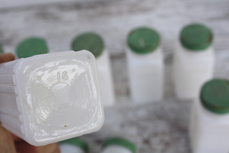 photo of Griffiths milk glass spice jars set w/ shabby jadite green metal lids, 1930s vintage kitchenware  #8