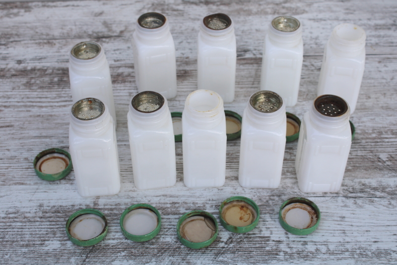 photo of Griffiths milk glass spice jars set w/ shabby jadite green metal lids, 1930s vintage kitchenware  #9