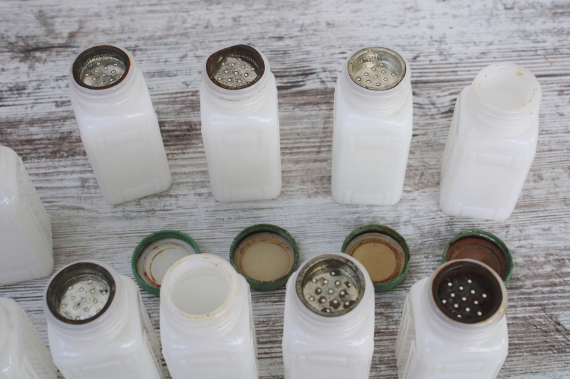 photo of Griffiths milk glass spice jars set w/ shabby jadite green metal lids, 1930s vintage kitchenware  #10