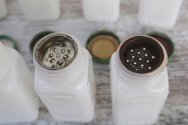 photo of Griffiths milk glass spice jars set w/ shabby jadite green metal lids, 1930s vintage kitchenware  #11