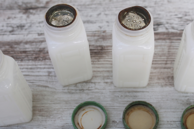 photo of Griffiths milk glass spice jars set w/ shabby jadite green metal lids, 1930s vintage kitchenware  #12