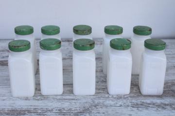 catalog photo of Griffiths milk glass spice jars set w/ shabby jadite green metal lids, 1930s vintage kitchenware 