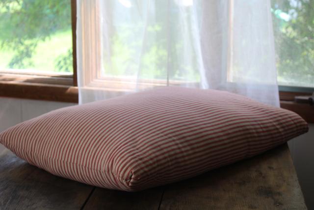 photo of HEAVY old chicken feather pillow, vintage barn red striped cotton ticking fabric cover #1