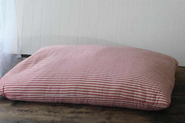 photo of HEAVY old chicken feather pillow, vintage barn red striped cotton ticking fabric cover #2