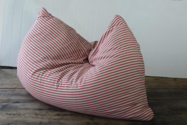 photo of HEAVY old chicken feather pillow, vintage barn red striped cotton ticking fabric cover #3