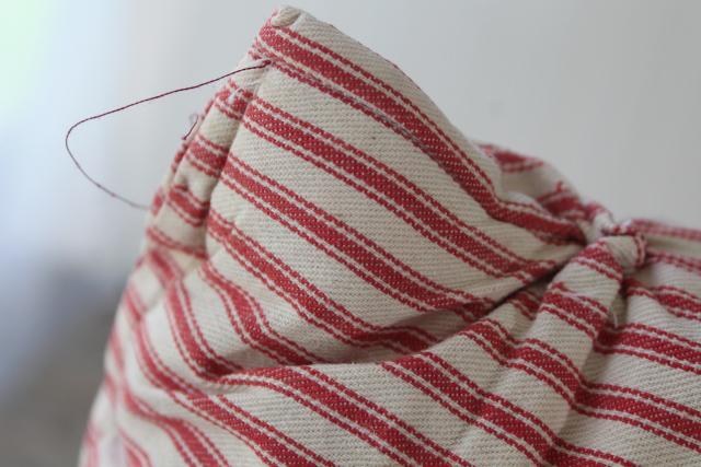 photo of HEAVY old chicken feather pillow, vintage barn red striped cotton ticking fabric cover #4