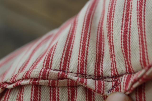 photo of HEAVY old chicken feather pillow, vintage barn red striped cotton ticking fabric cover #6