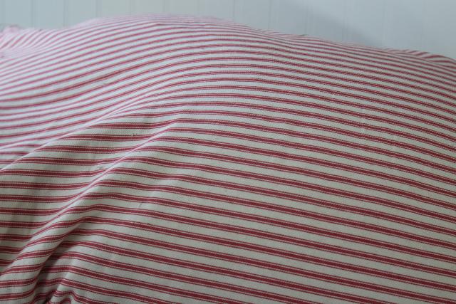 photo of HEAVY old chicken feather pillow, vintage barn red striped cotton ticking fabric cover #7