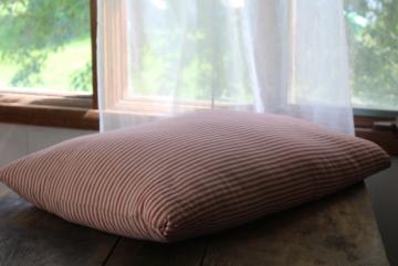 catalog photo of HEAVY old chicken feather pillow, vintage barn red striped cotton ticking fabric cover