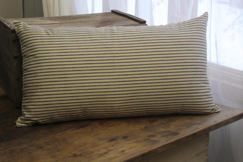 photo of HEAVY old chicken feather pillow, vintage indigo blue striped cotton ticking fabric cover #1