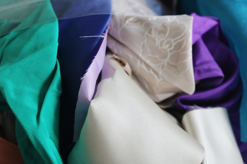 photo of HUGE lot scrap fabrics satin & taffeta, trims from dressmaker formal gowns #6