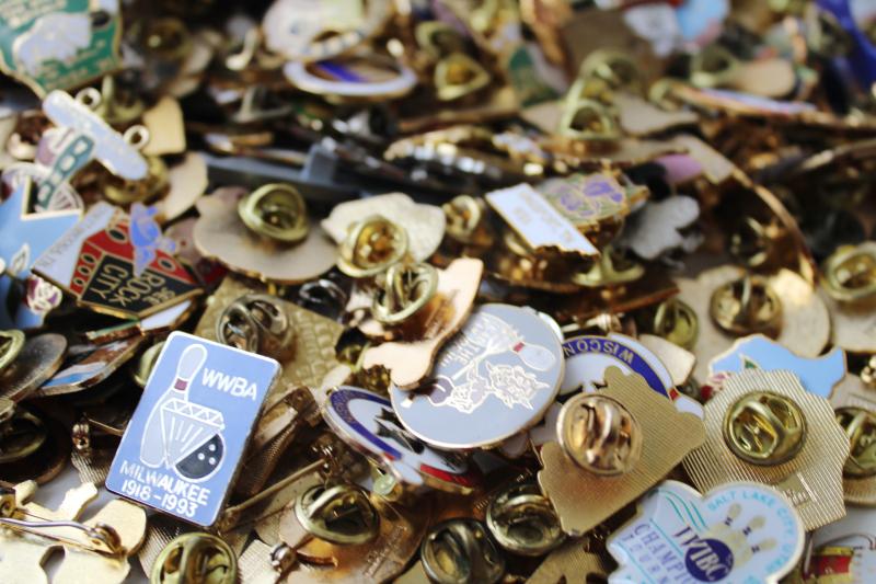 photo of HUGE lot vintage enameled metal pins, WBA women's bowling regional club pins  #3