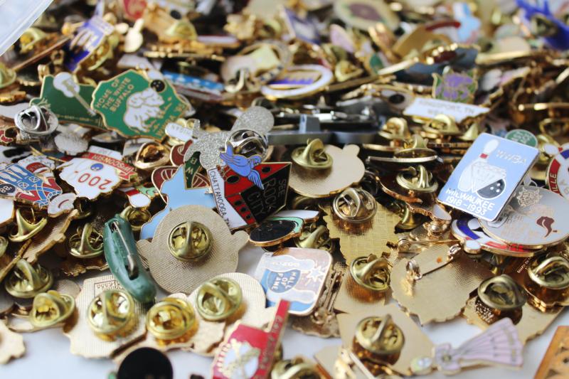 photo of HUGE lot vintage enameled metal pins, WBA women's bowling regional club pins  #4