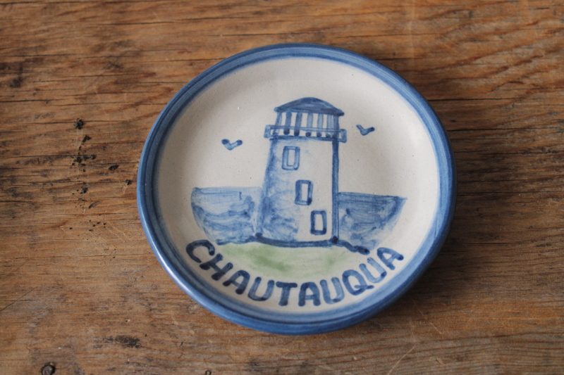 photo of Hadley hand painted Louisville pottery, mini plate vintage souvenir Chautauqua Lake lighthouse  #1