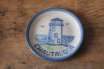 catalog photo of Hadley hand painted Louisville pottery, mini plate vintage souvenir Chautauqua Lake lighthouse 