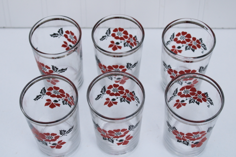 photo of Hall Red Poppy pattern juice glasses, vintage Libbey clear glass tumblers w/ poppies print #4