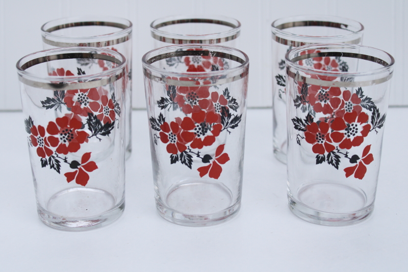 photo of Hall Red Poppy pattern juice glasses, vintage Libbey clear glass tumblers w/ poppies print #5