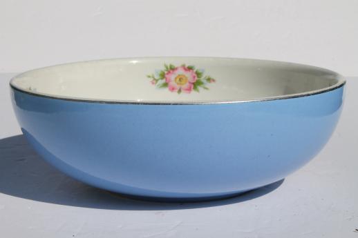 photo of Hall Rose Parade china, vintage pottery mixing bowl, big blue bowl w/ wild rose #1