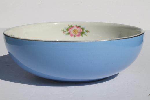 photo of Hall Rose Parade china, vintage pottery mixing bowl, big blue bowl w/ wild rose #2